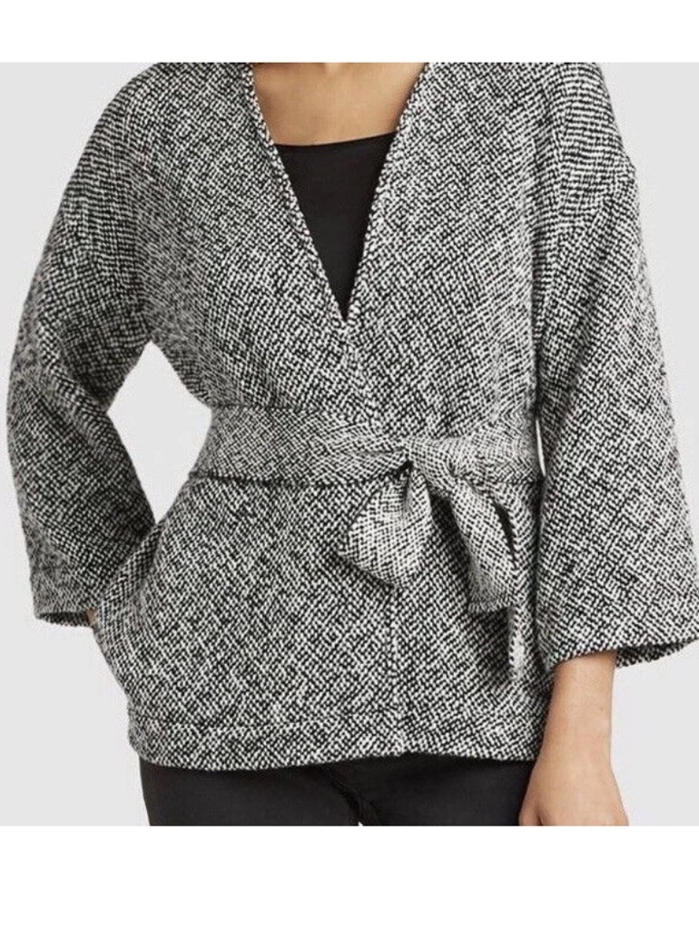 Eileen Fisher Organic Cotton Wrap Top Belted Textured Black White Size Small